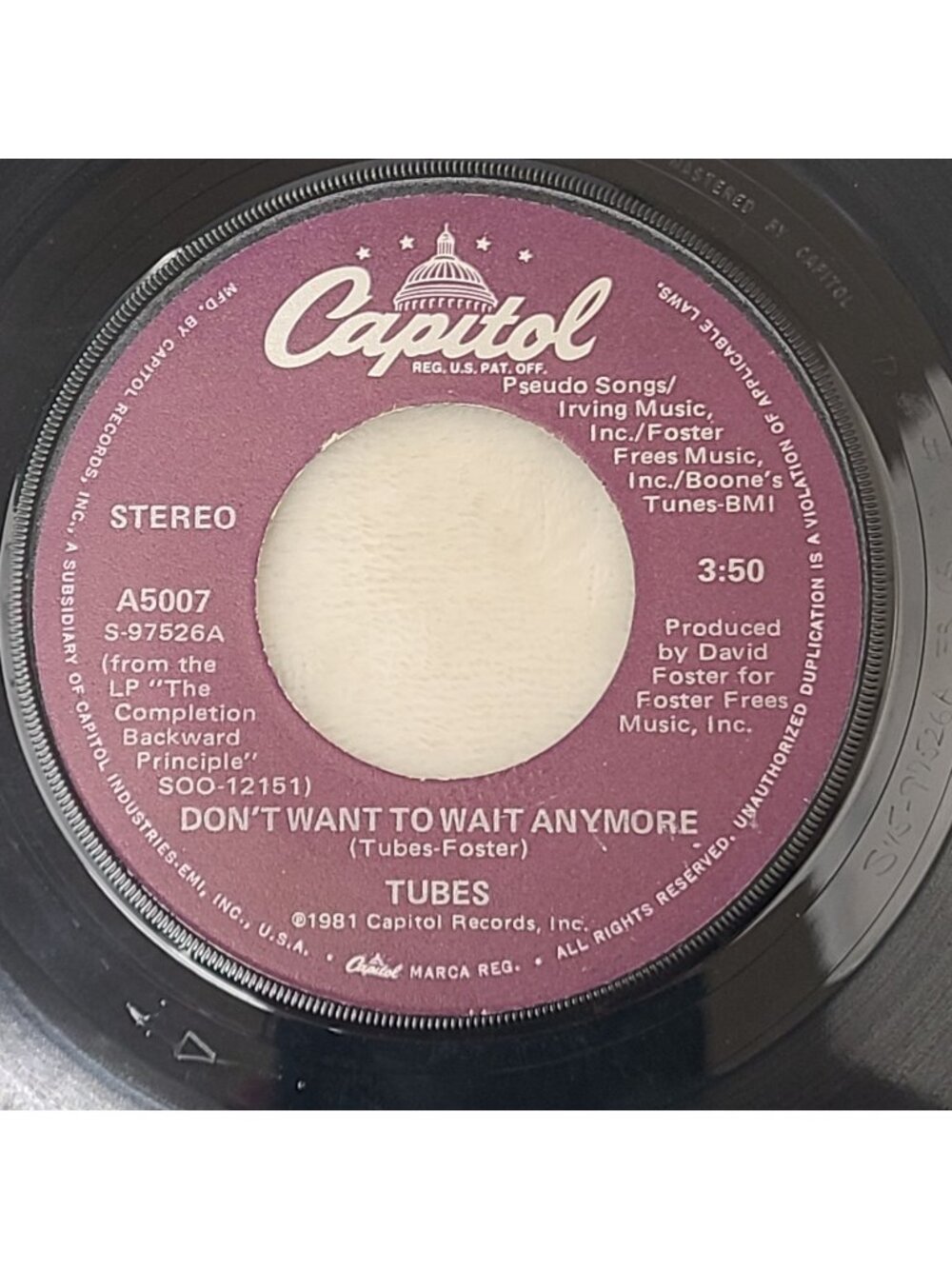 Tubes - Don't Want To Wait Anymore / Think About Me 1981 Capitol  45 Vinyl 1981